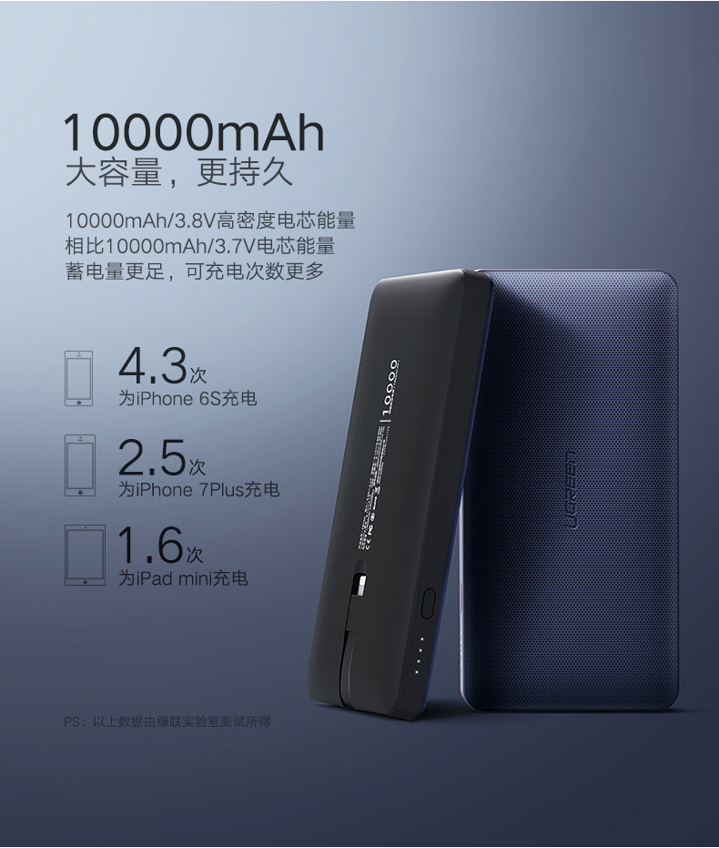 ugreen绿联-更专业更安心的数码品牌 绿联苹果移动电源,10000毫安带usb线和苹果数据线