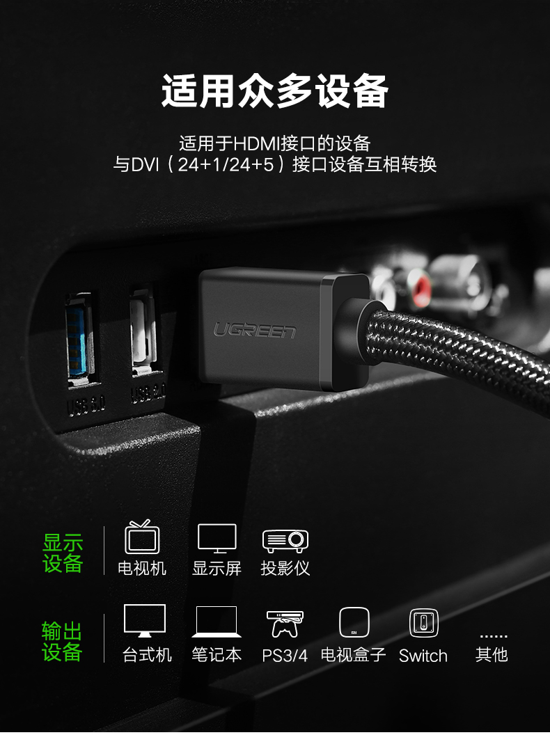 绿联hdmi转dvi线，电脑电视1080p双向互转高清线