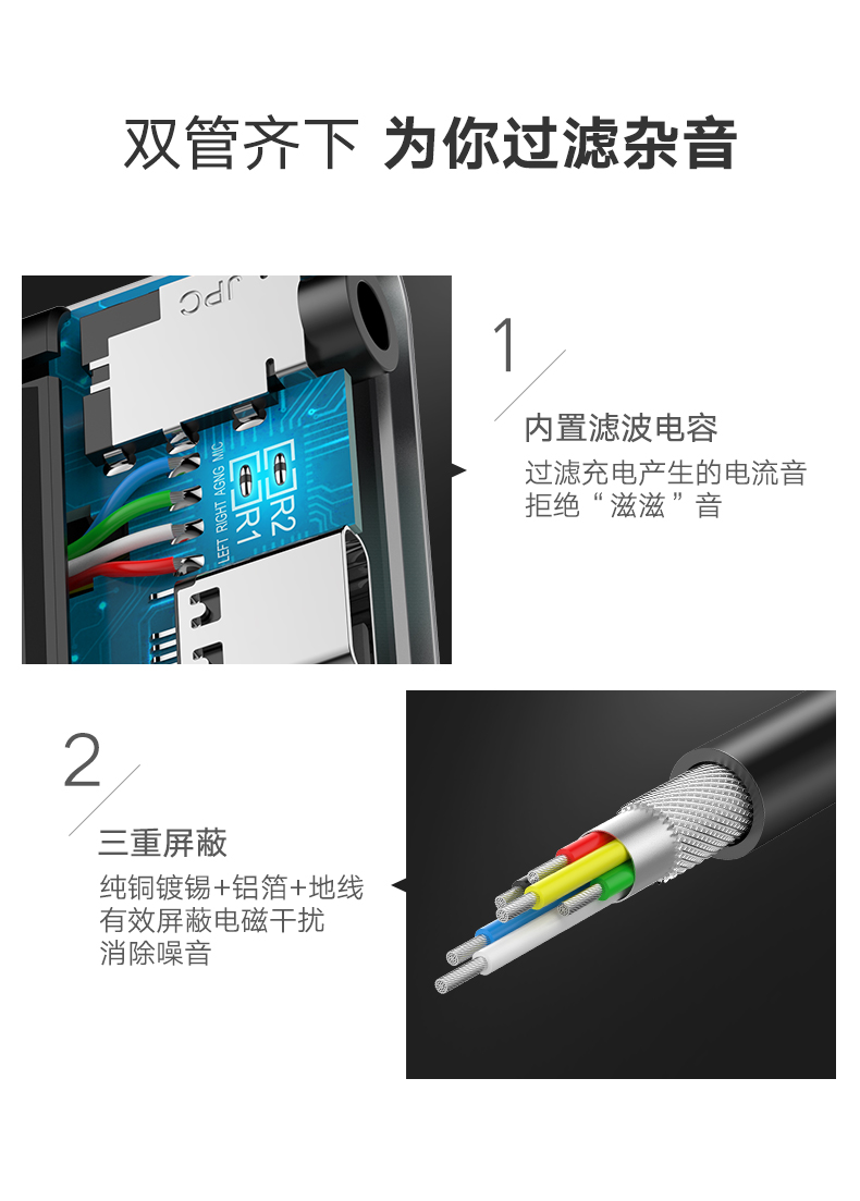 绿联type-c转耳机口一拖二转换器