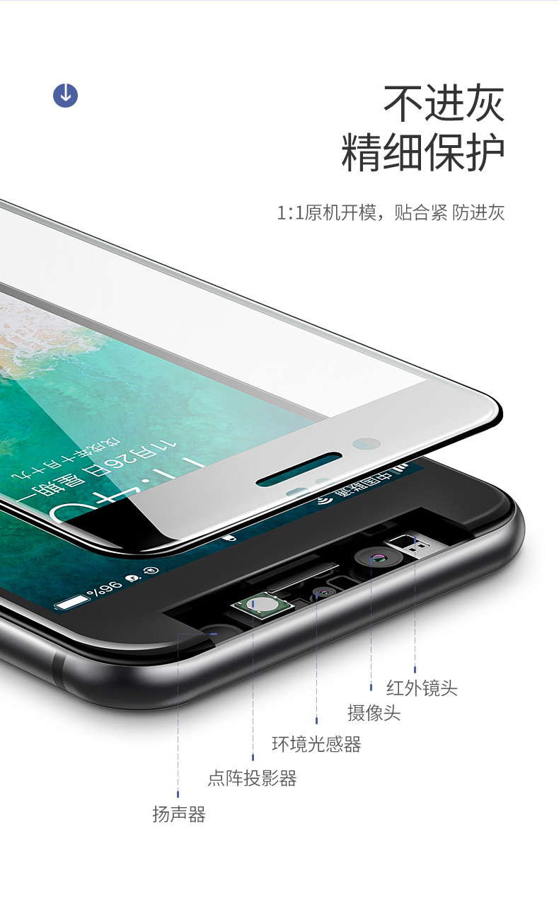绿联iphone 7/8plus钢化膜，全屏包边防指纹手机贴膜