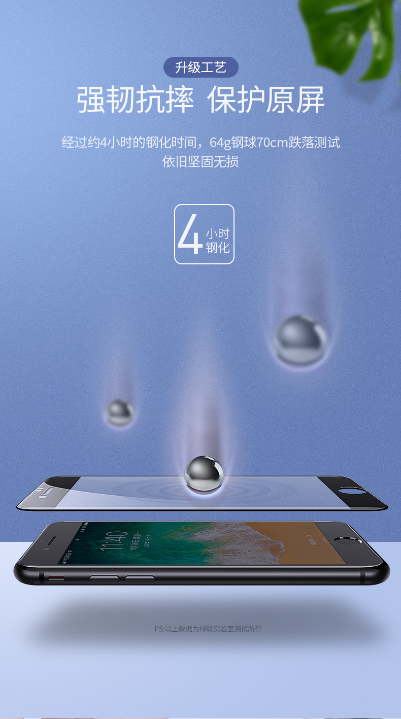 绿联iphone 7/8plus钢化膜，全屏包边防指纹手机贴膜