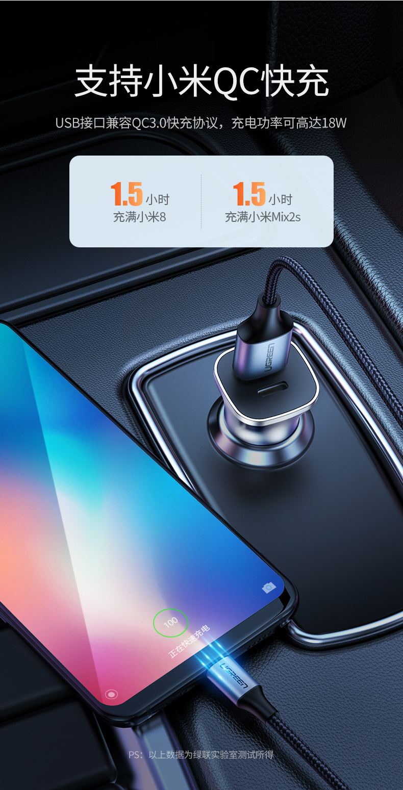 绿联pd快充车载充电器，type-c usb一拖二点烟器车充