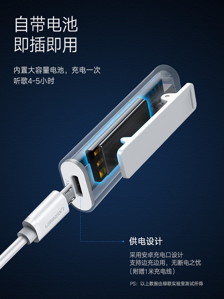 绿联蓝牙5.0音频接收器，有线耳机通用蓝牙适配器aptx ll认证