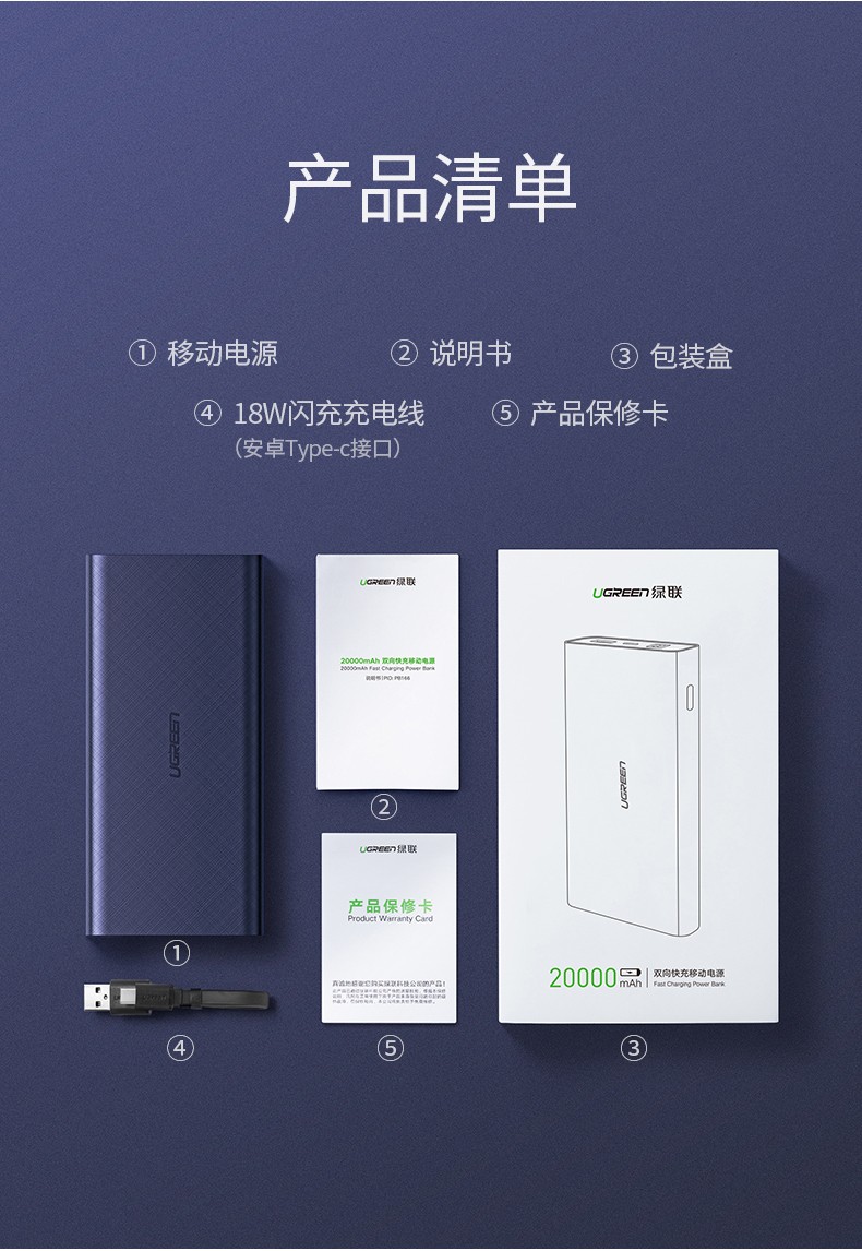ugreen绿联-更专业更安心的数码品牌 2万毫安移动电源,超级快充充电宝,scp