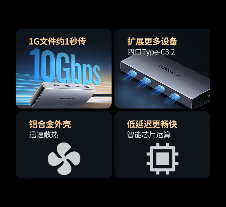 四个type-c接口扩展，提升设备连接能力