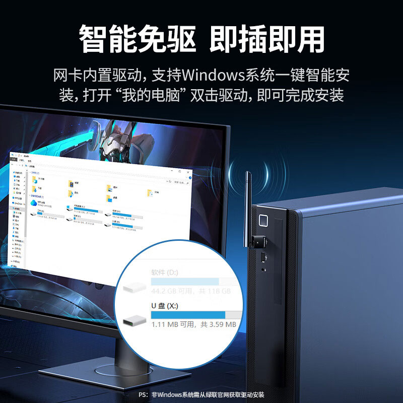 绿联 usb无线网卡 wifi6免驱 高增益天线 信号强覆盖广