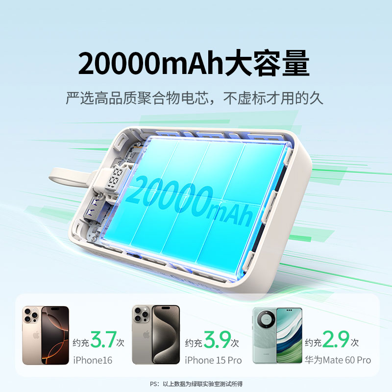 绿联自带线充电宝 20000mah电池30w快充