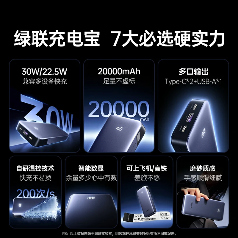 绿联30w多接口快充移动电源 20000mah