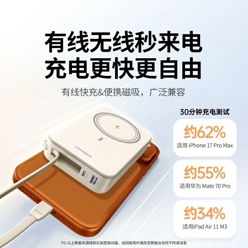 绿联磁吸无线充自带线移动电源 20000mah