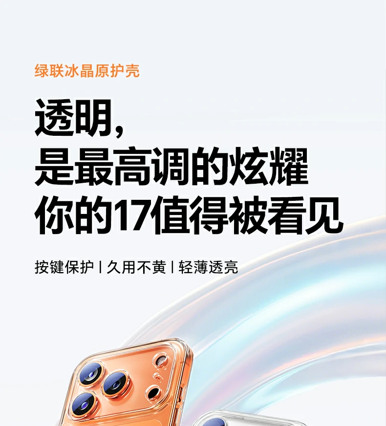 绿联iphone17原护壳全景图，展示时尚彩盒包装与透明外观