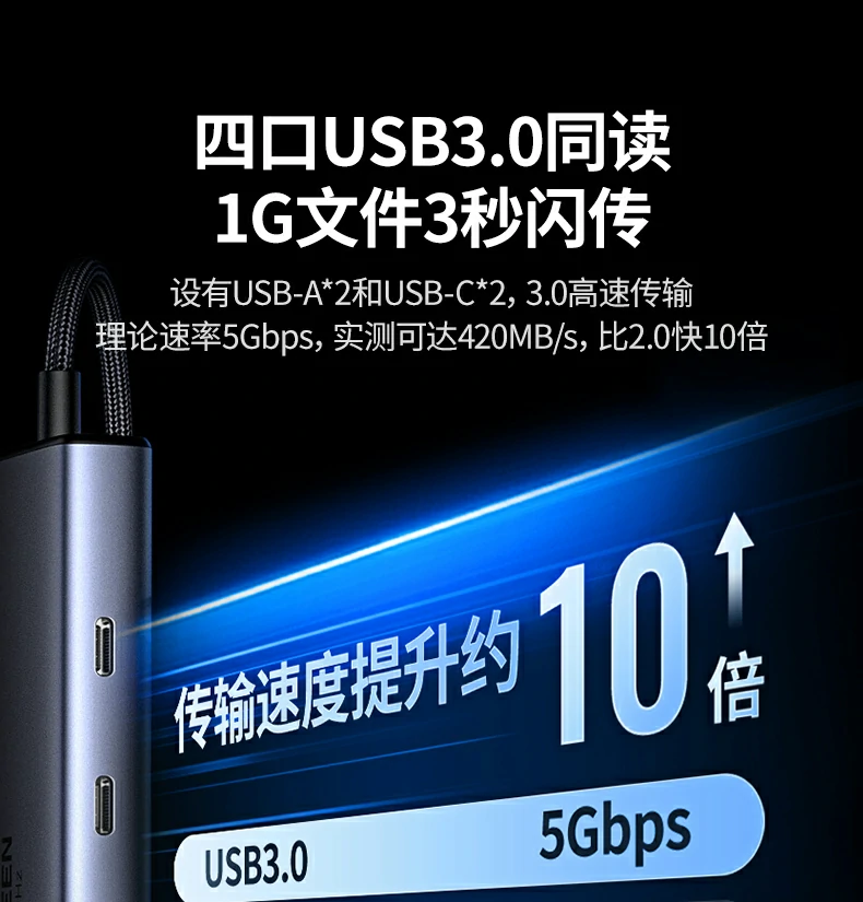 cm498-15375 pd100w安全快充 绿联cm498-15375 type-c扩展坞pd100w快充示意