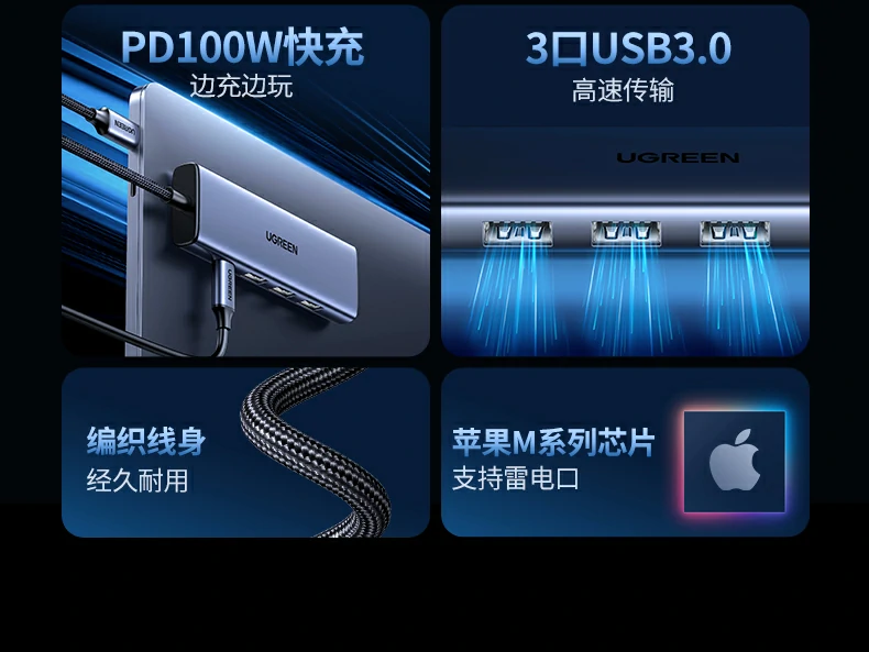 三口usb3.0高速接口 - 比usb2.0快10倍,多设备同时连接无忧 三口usb3.0接口布局图,独立芯片保障稳定传输