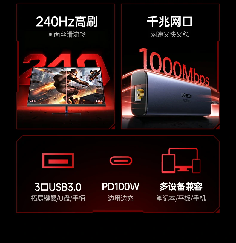 type-c3.0多功能口 - 支持数据传输与视频扩展 绿联cm512-75643 type-c3.0数据接口特写