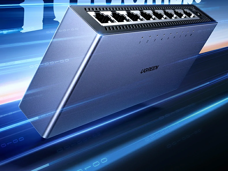 8口全千兆端口 - 支持线速转发,低延迟高带宽 8个10/100/1000mbps自协商全千兆rj45接口特写