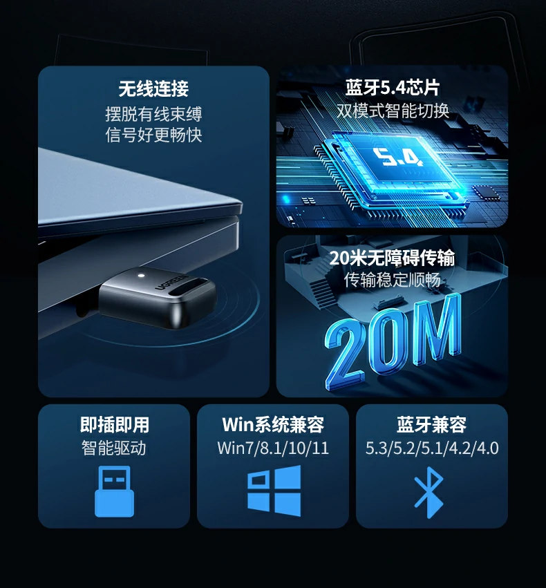 绿联蓝牙5.4适配器cm748正面特写，轻巧便携设计