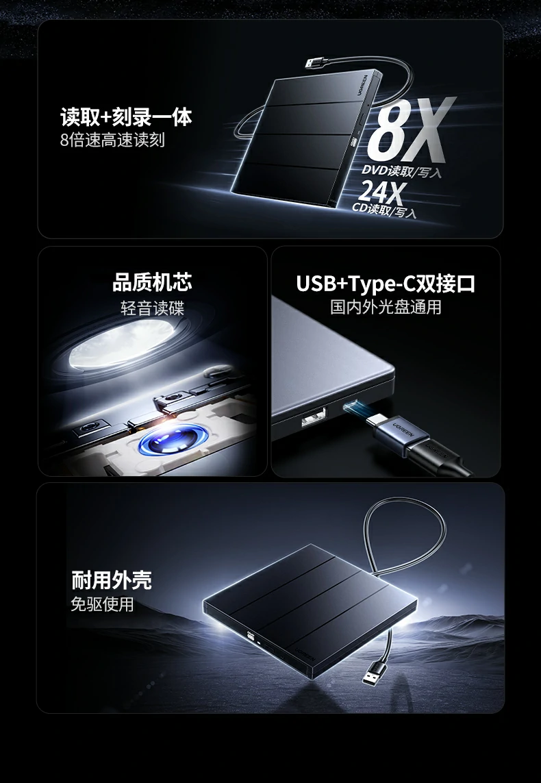 usb-a type-c双接口 - 笔记本/台式机即插即用免转接 绿联cm938 usb-a与type-c双接口特写,灵活适配各类设备