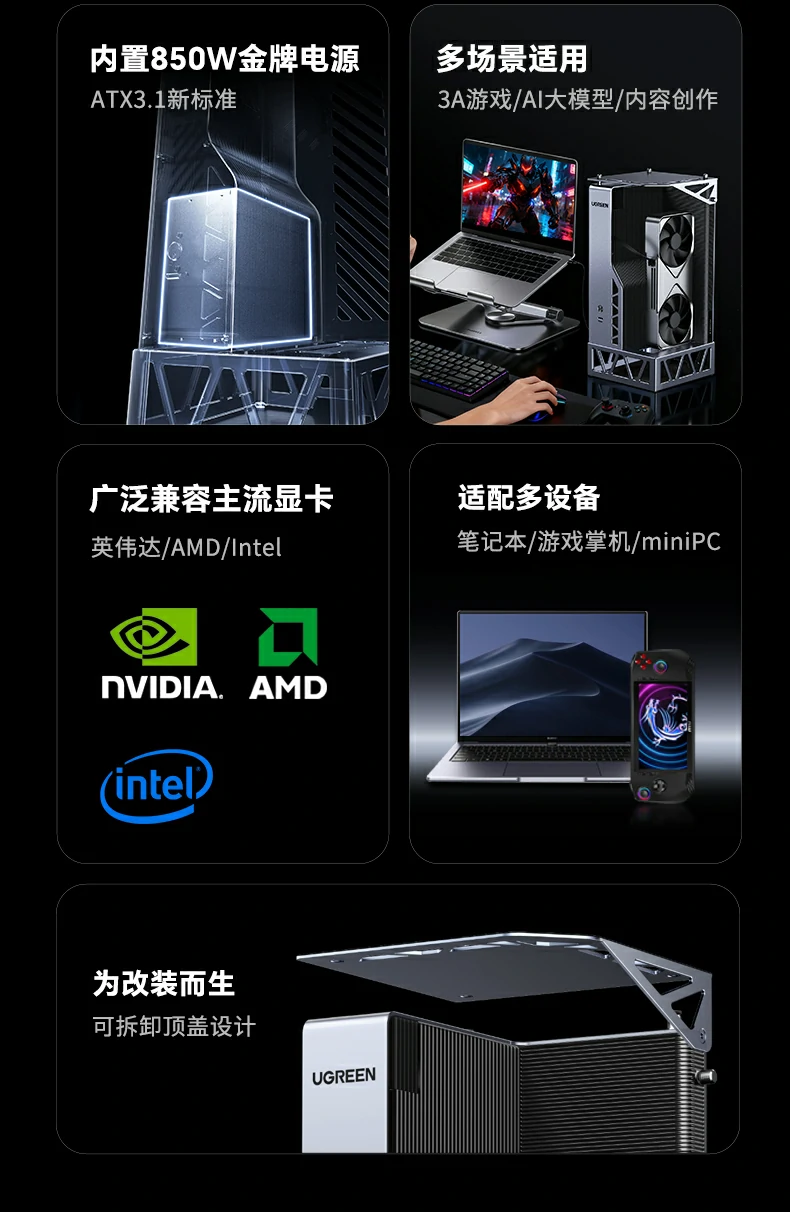 850w金牌高效供电,支持600w显卡满载运行,承受200%瞬时功率冲击不黑屏 850w金牌电源显卡坞 满载承受200%瞬时冲击 稳定驱动高功耗显卡