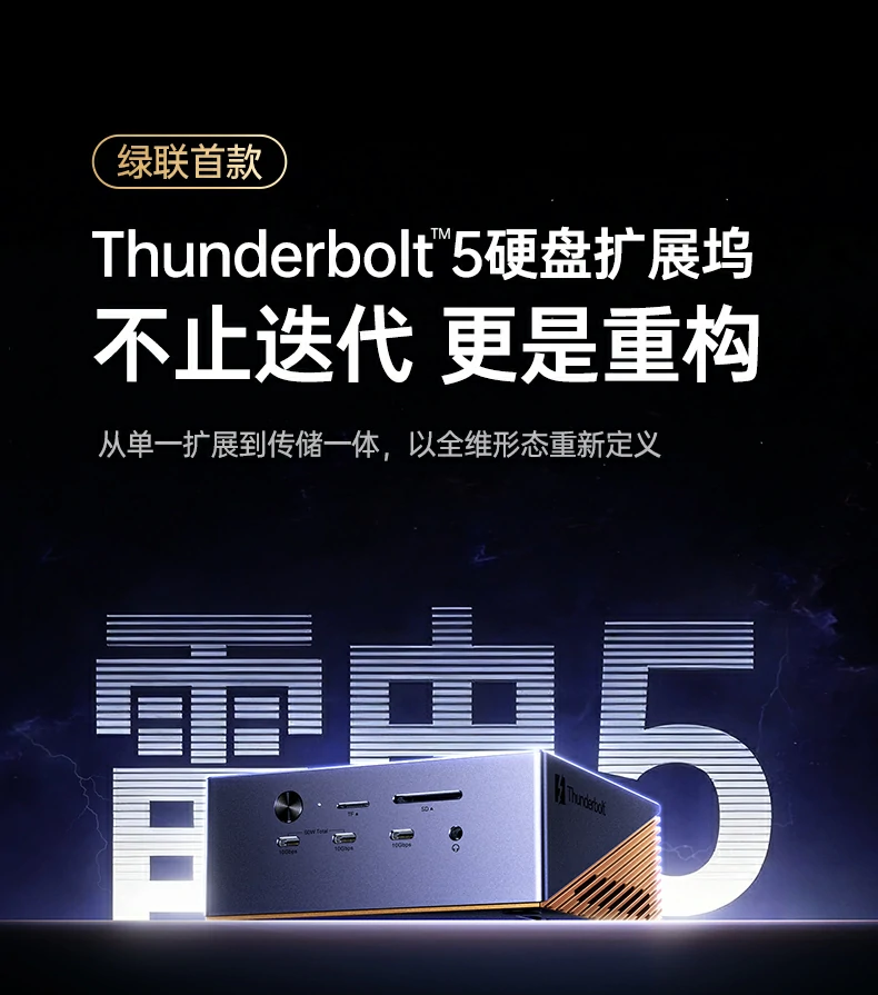 绿联雷电5扩展坞全景图，展示17合1接口矩阵与时尚彩盒包装