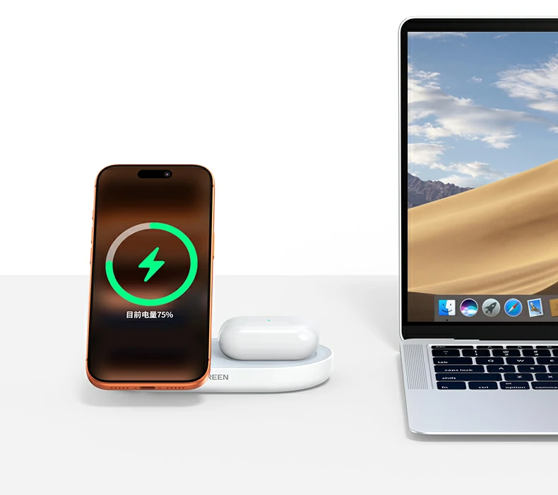 苹果同源磁芯技术示意图，展示磁吸对齐原理