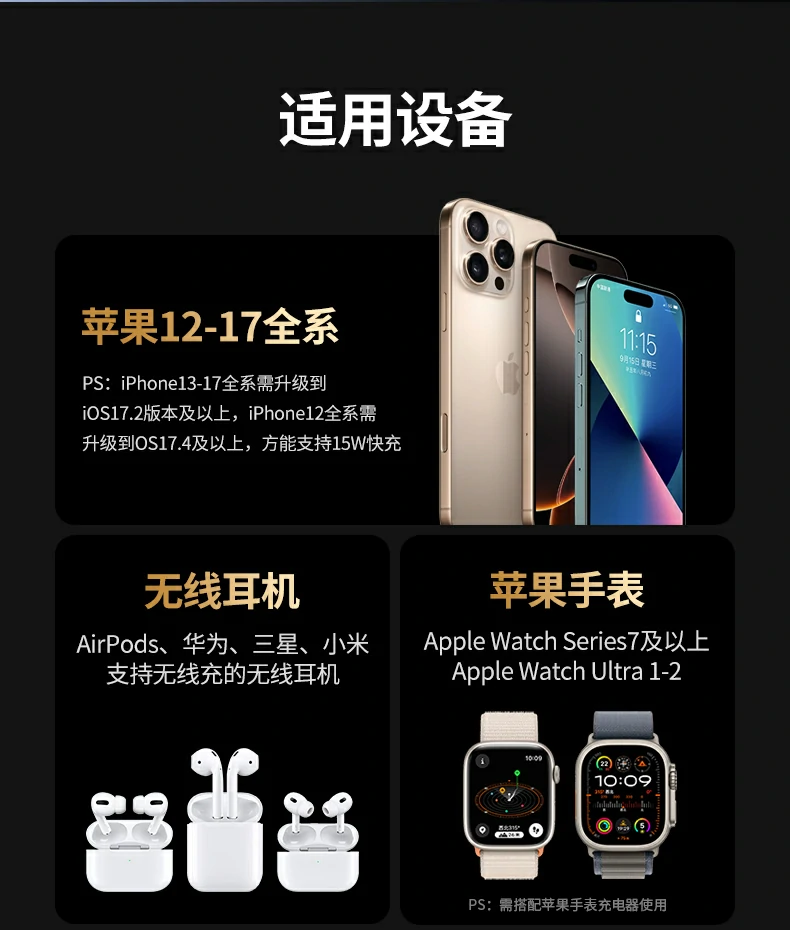 iphone 15系列完美适配 - 磁吸对位精准,充电高效 同时为iphone 15 pro与airpods pro充电实拍