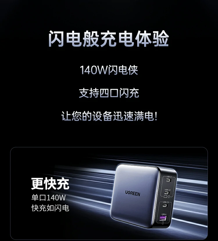 绿联140w充电器兼容苹果、华为、小米等品牌设备快充