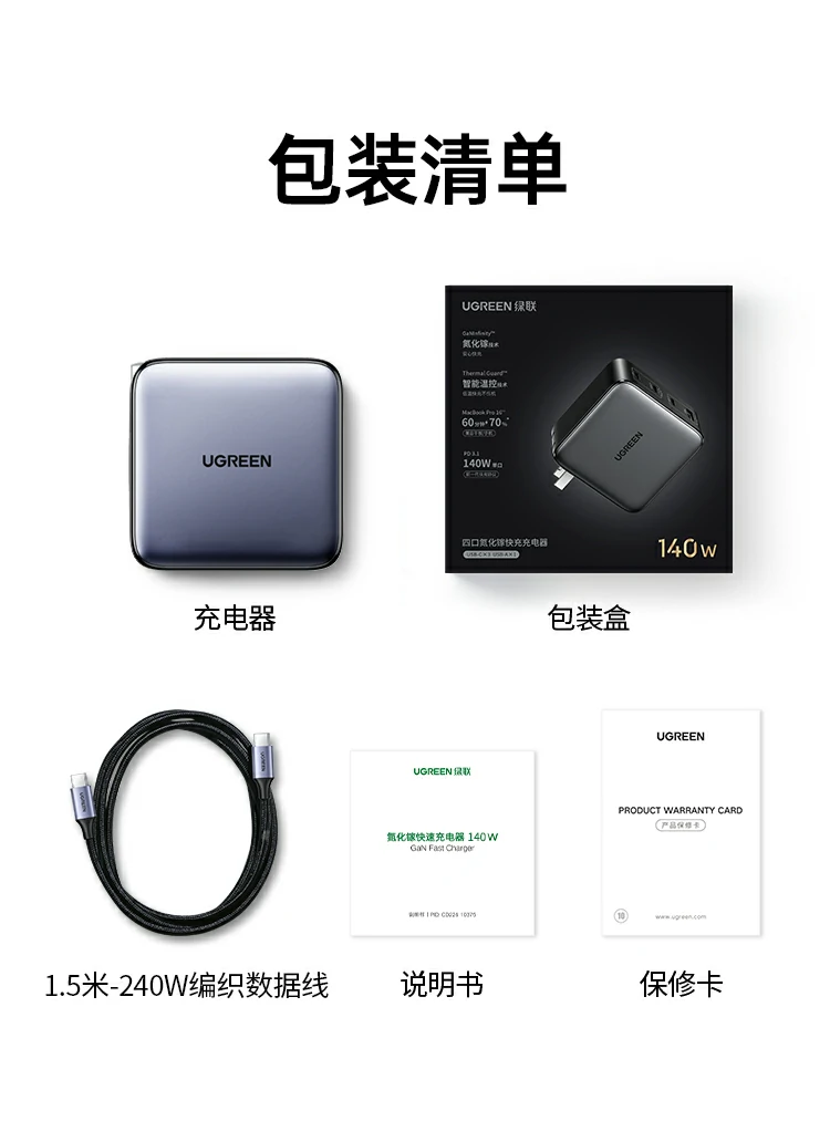 绿联x569氮化镓140w快充套装尾页展示，高效安全便携